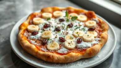 Pizza doce de banana nevada recém-saída do forno, com leite condensado, canela e fatias perfeitamente douradas