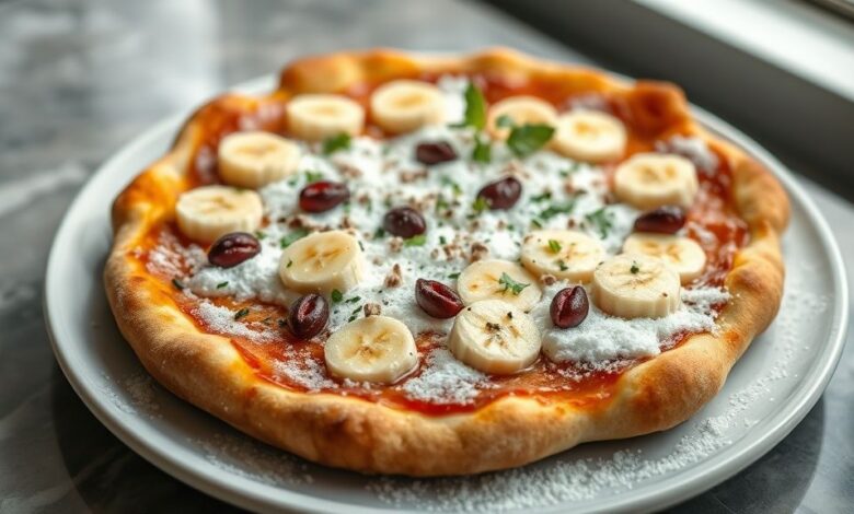 Pizza doce de banana nevada recém-saída do forno, com leite condensado, canela e fatias perfeitamente douradas