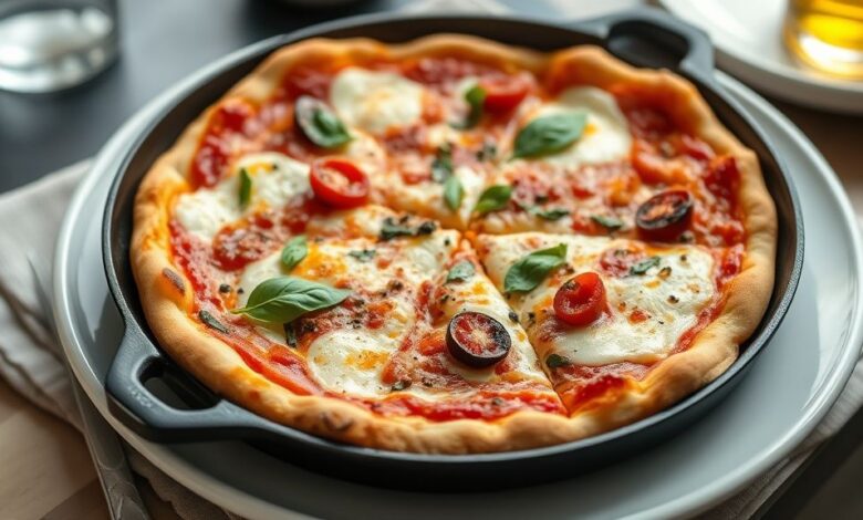 Pizza dourada e crocante com queijo derretido, tomate e manjericão, servida sobre tábua rústica.