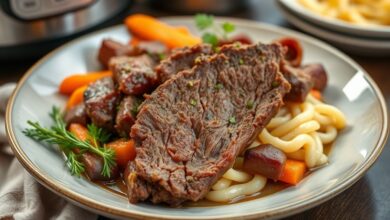 Prato de ponta de peito na pressão servido com molho espesso e cheiro-verde, aparência caseira e suculenta