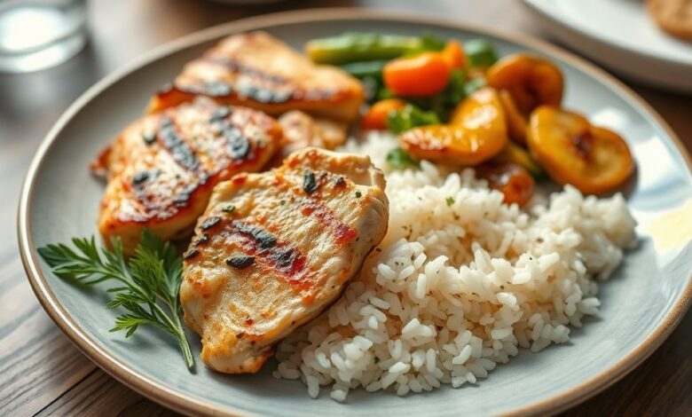 Prato completo com frango grelhado dourado, arroz soltinho e legumes coloridos salteados, com visual caseiro e apetitoso.