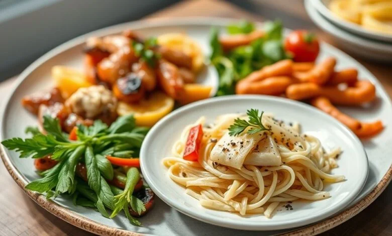 Variedade de refeições prontas, servidas em tigelas e pratos coloridos, ideais para o dia a dia