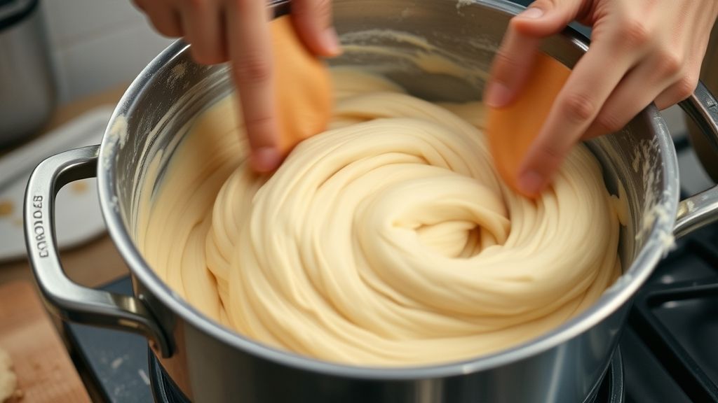 Mãos mexendo vigorosamente a massa na panela durante o preparo