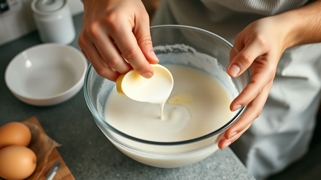 Mãos misturando leite e manteiga em tigela, preparando substituto para pincelar o empadão