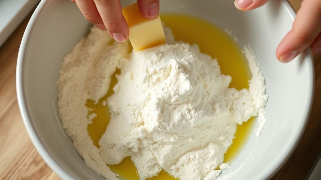 Mãos misturando manteiga, óleo e farinha até formar uma pasta cremosa em tigela