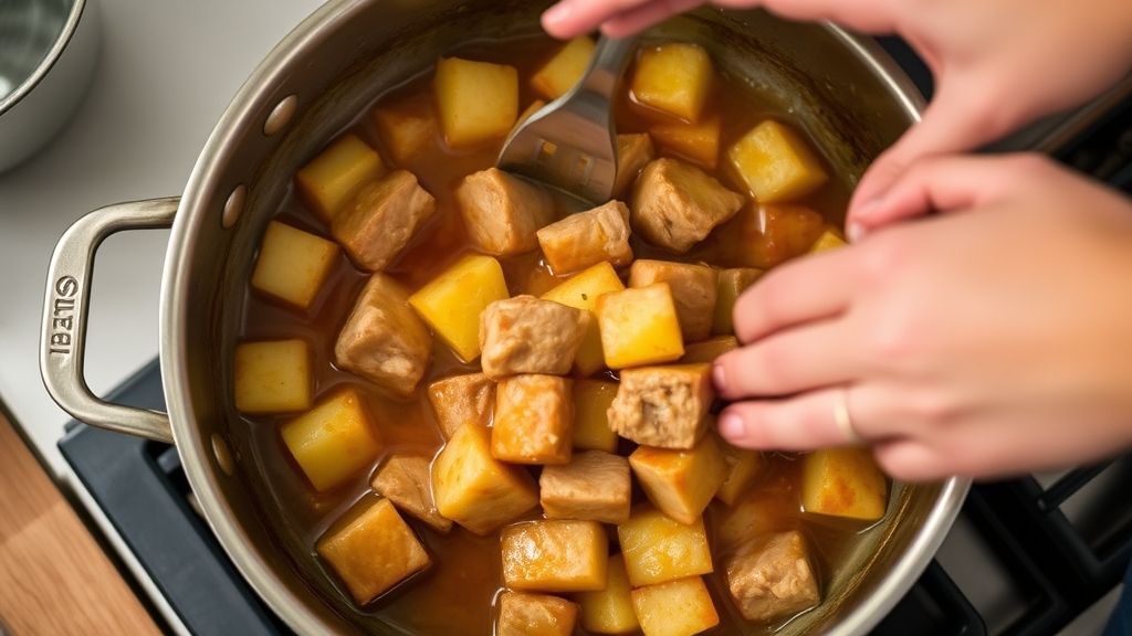 Mãos refogando cubos de carne suína em frigideira com molho agridoce e pedaços de abacaxi.