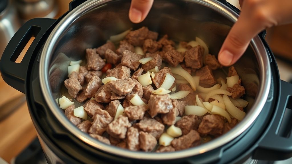 Mãos dourando pedaços de acém em panela de pressão com cebola e alho