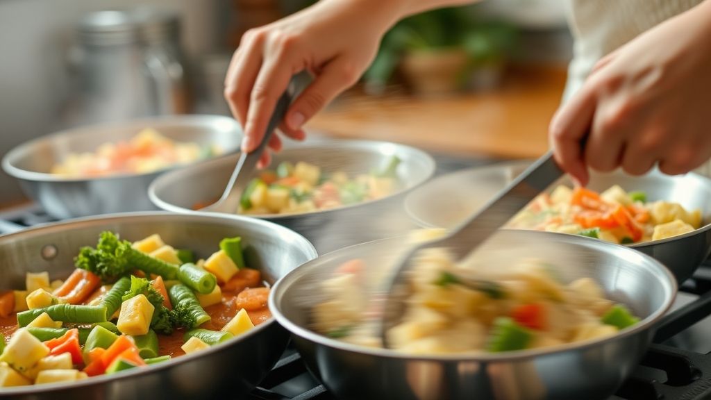 Mãos preparando legumes salteados e salada, mostrando ação no momento do preparo na cozinha.