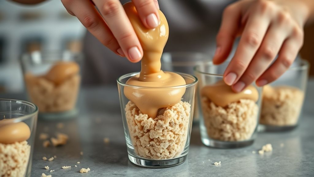 Mãos adicionando a camada de doce de leite sobre a base de biscoito nos copinhos durante o preparo.