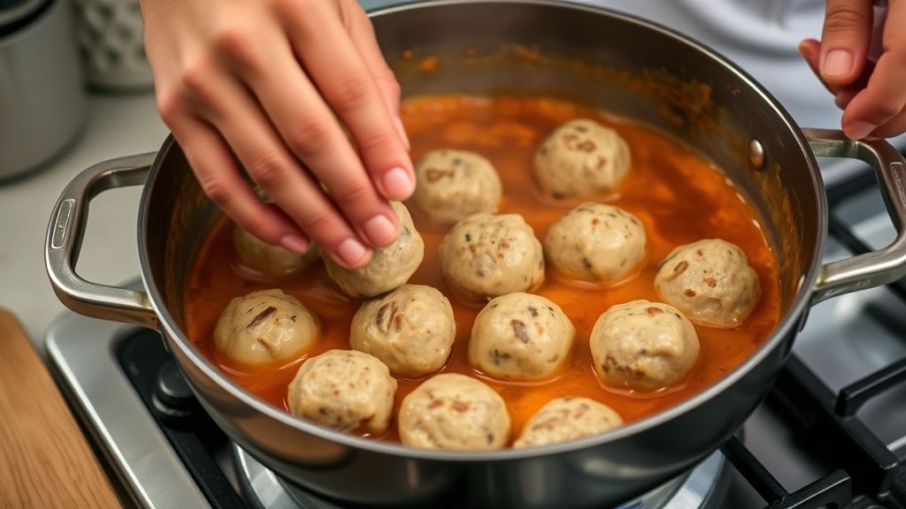 Mãos moldando almôndegas e adicionando ao molho em frigideira durante o preparo da receita