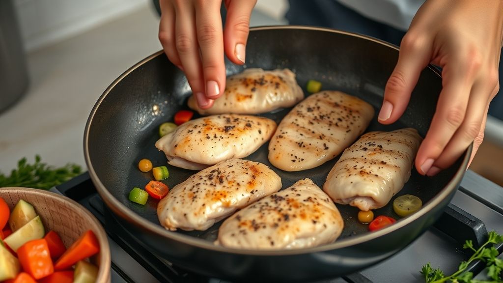 Mãos grelhando filés de frango dourados em frigideira antiaderente, com legumes sendo preparados ao fundo.
