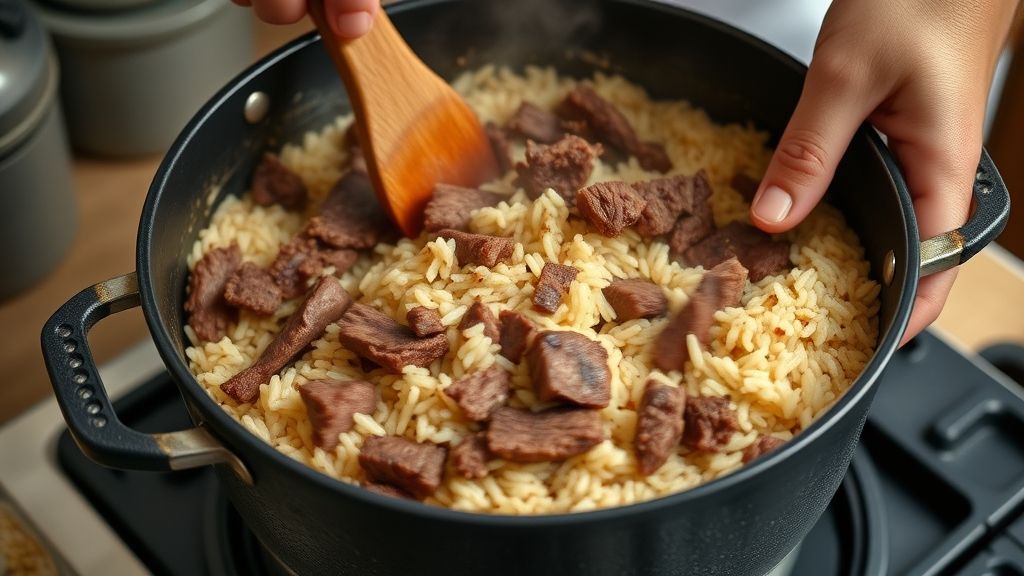 Mãos refogando carne e legumes em panela de ferro durante o preparo do arroz carreteiro.