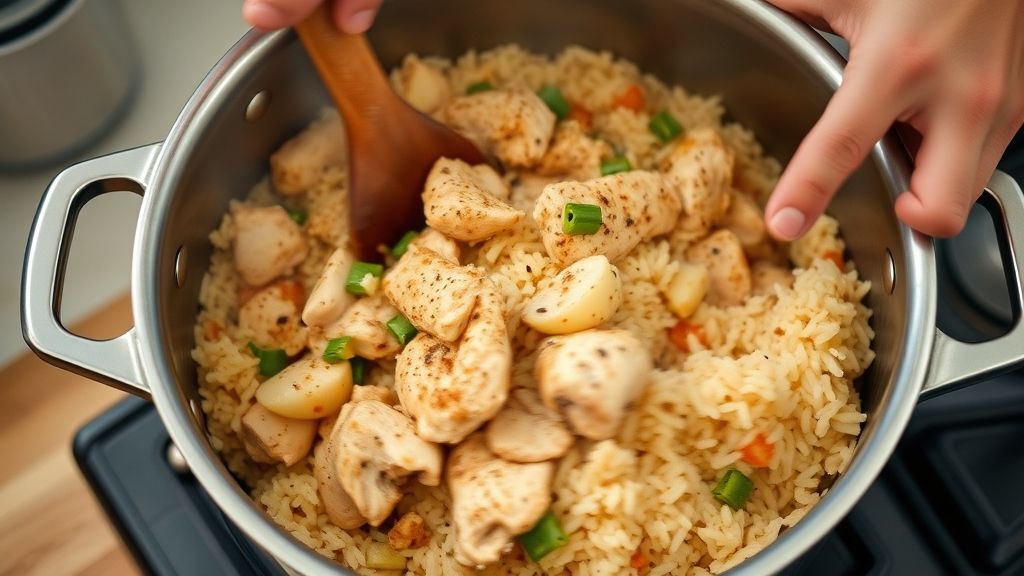 Mãos refogando frango e temperos em panela grande durante o preparo do arroz com frango.