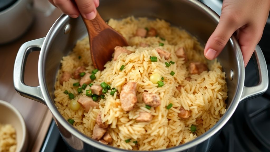 Mãos refogando carne de sol e pequi juntos na panela, com aroma sendo liberado