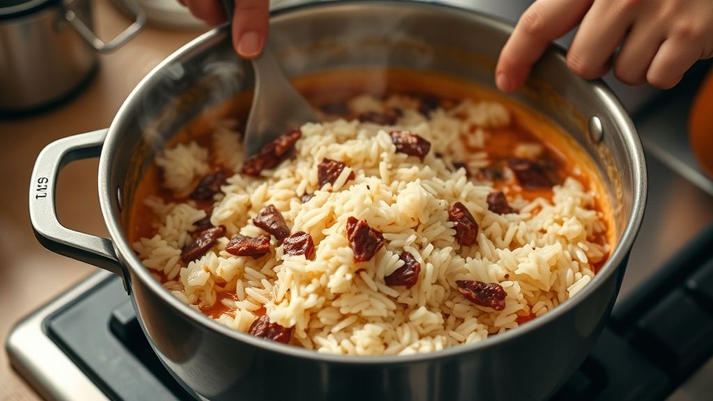 Mãos mexendo o arroz na panela enquanto incorporam o creme e a carne dourada