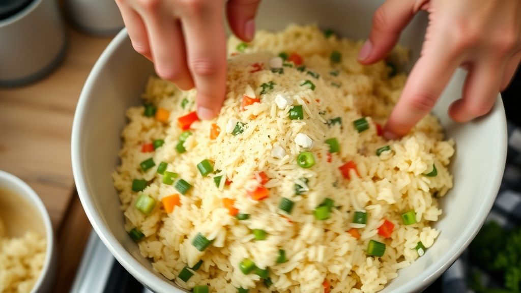 Mãos misturando arroz com legumes coloridos e queijo em uma tigela grande durante o preparo.