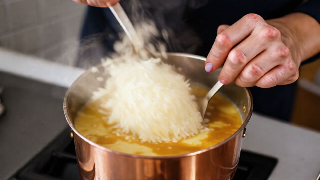 Mãos mexendo o arroz no leite caramelado em panela de cobre, mostrando o ponto cremoso da receita.