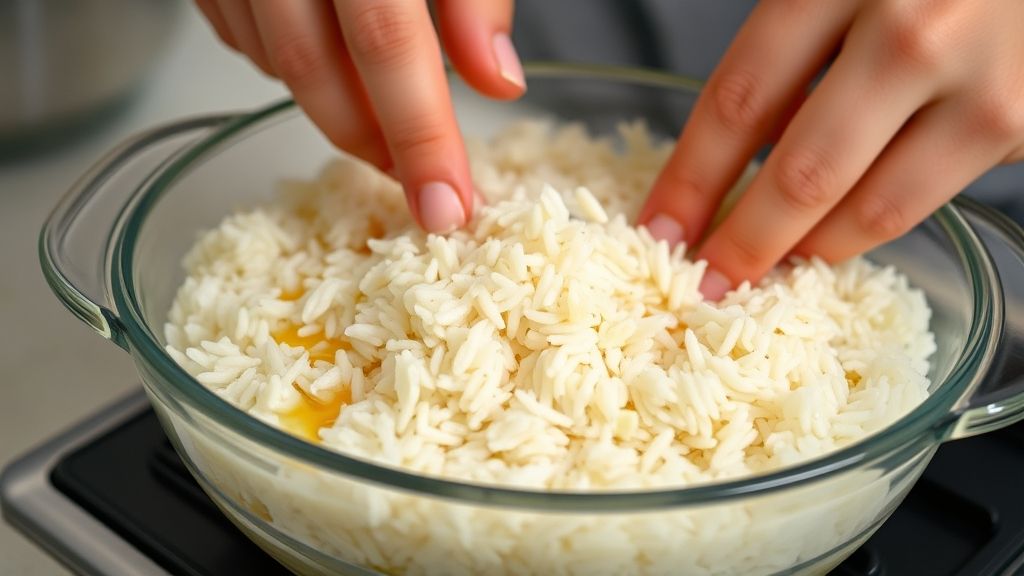Mãos mexendo arroz com temperos em refratário de vidro antes do cozimento