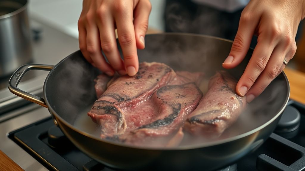 Mãos dourando a carne na panela, com vapor subindo e utensílios de cozinha ao fundo