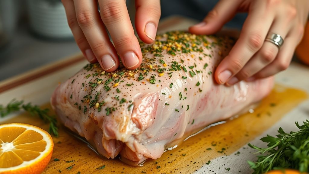 Mãos temperando o lombo suíno com marinada e ervas frescas antes de assar