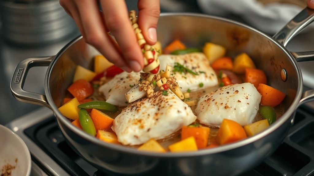Mãos adicionando pimentões e batatas na frigideira com bacalhau dourado, mostrando o preparo do prato.