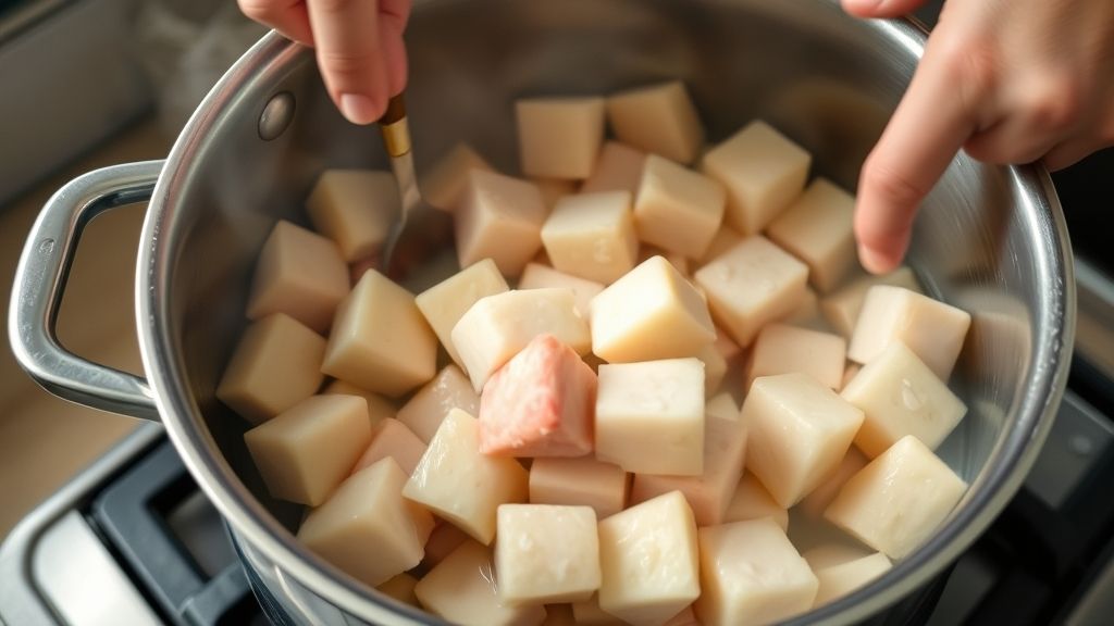 Mãos mexendo lentamente os cubos de toucinho em uma panela de ferro durante o derretimento da gordura
