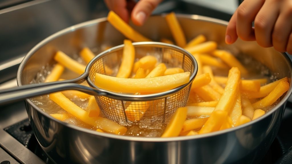 Mãos fritando batatas em óleo quente durante a segunda fritura, mostrando o dourado perfeito