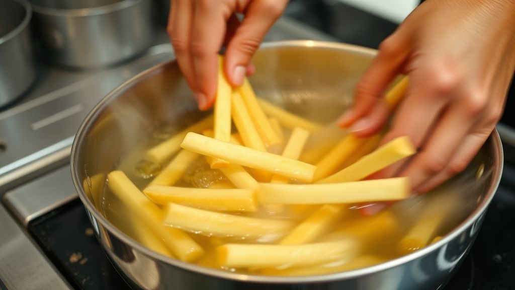 Mãos mergulhando as batatas cortadas em óleo quente durante a fritura, mostrando o momento crucial da crocância.