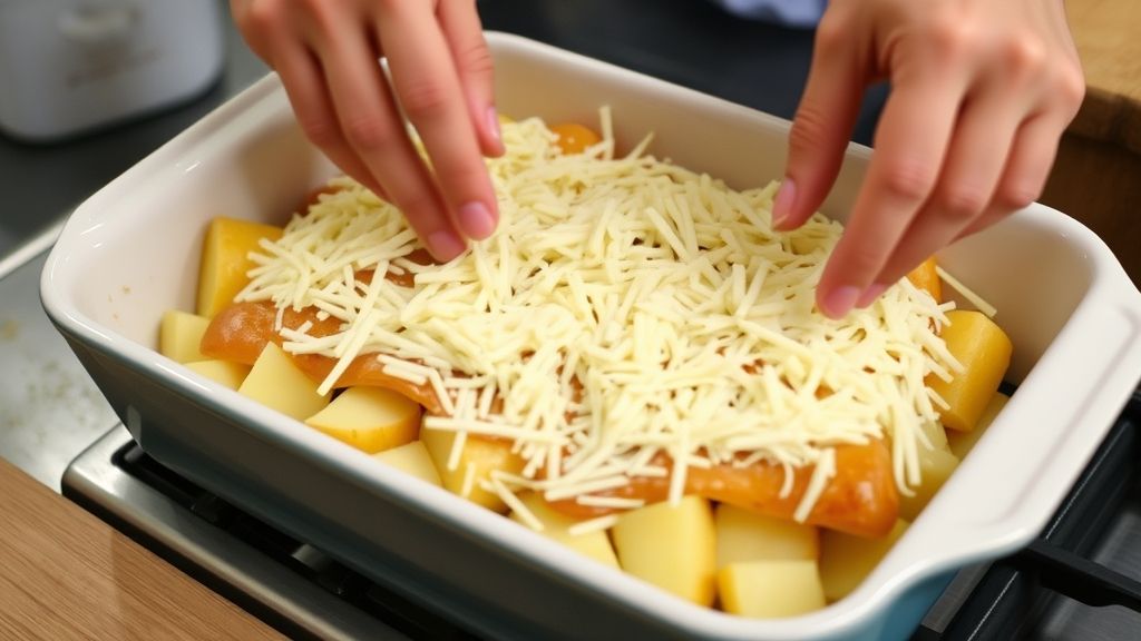 Mãos montando camadas de batatas, creme e queijo em um refratário antes de ir ao forno.