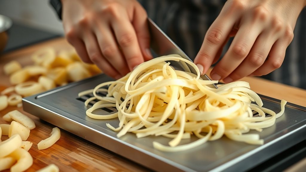 Mãos cortando batatas em tiras finas com ralador sobre a bancada, passo essencial do preparo.