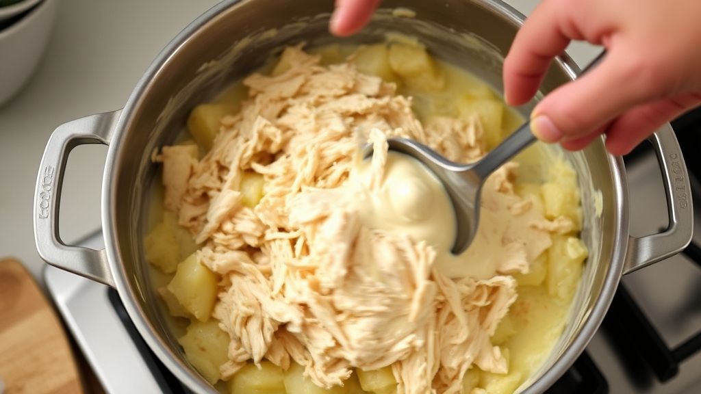 Mãos misturando frango desfiado e requeijão em uma frigideira, preparando o recheio cremoso