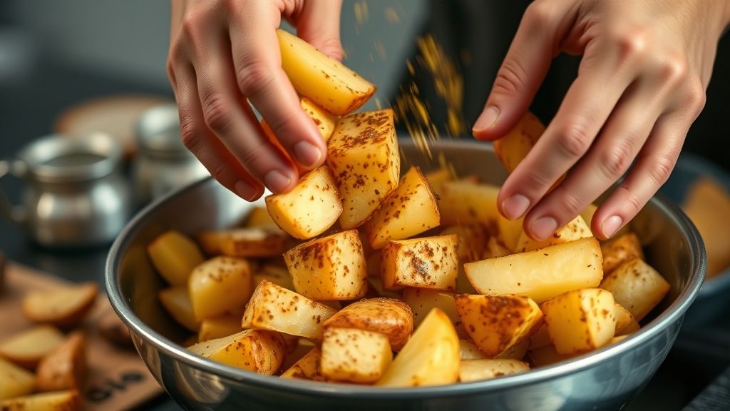 Mãos misturando batatas temperadas antes de levar ao forno ou airfryer