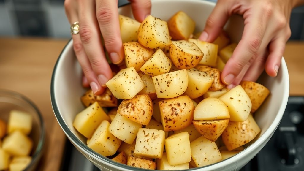 Mãos envolvendo batatas temperadas em tigela antes de levar ao forno.
