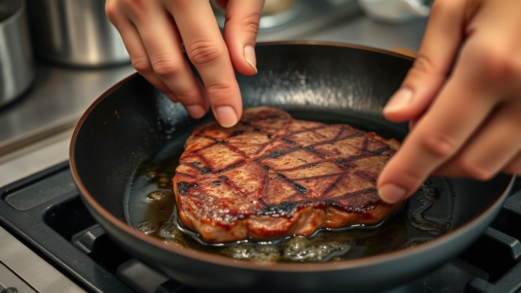 Mãos em ação selando o bife na frigideira com azeite quente.