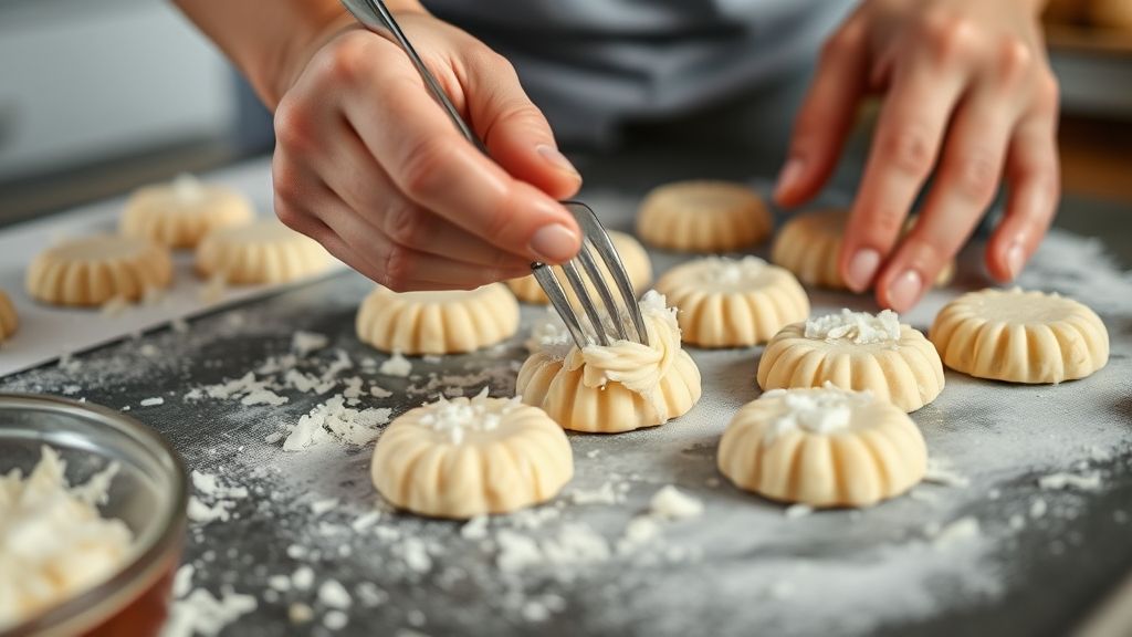 Mãos em ação modelando as bolachas com um garfo antes de ir ao forno