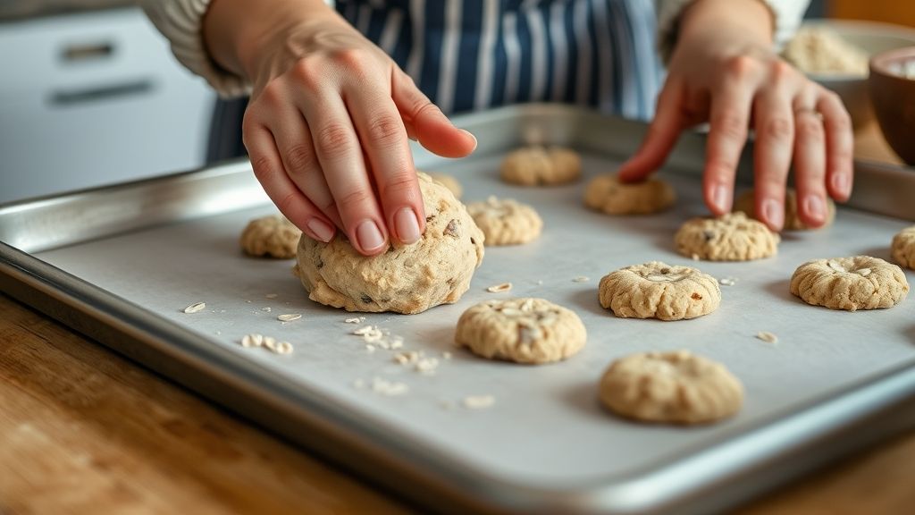 Mãos modelando e porcionando a massa de aveia na assadeira antes de ir ao forno.