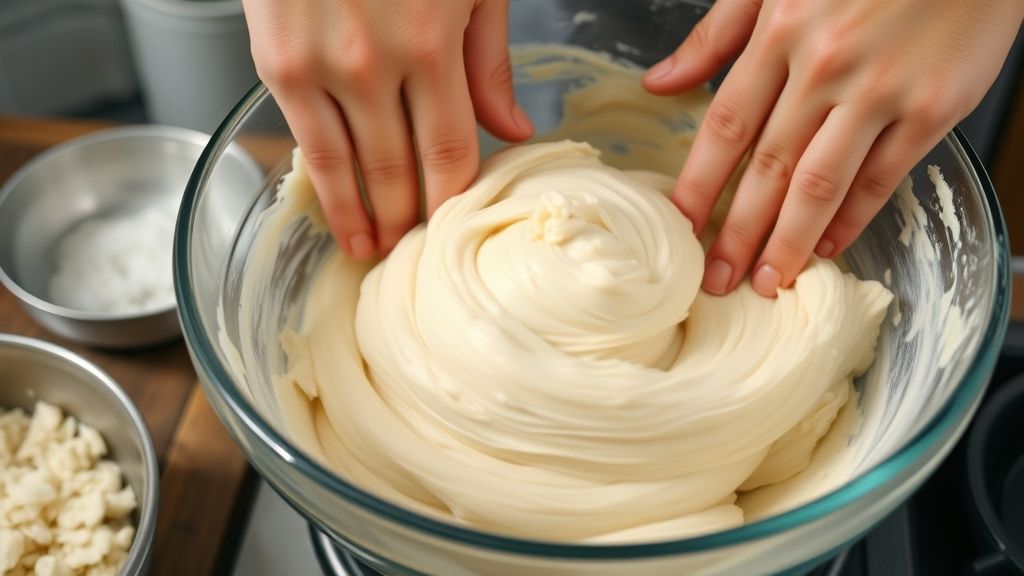 Mãos misturando a massa em uma tigela grande, mostrando a textura cremosa e ingredientes coloridos sendo incorporados.