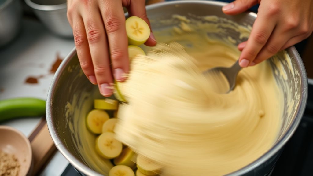 Mãos amassando bananas verdes e misturando ingredientes em uma tigela durante o preparo da massa