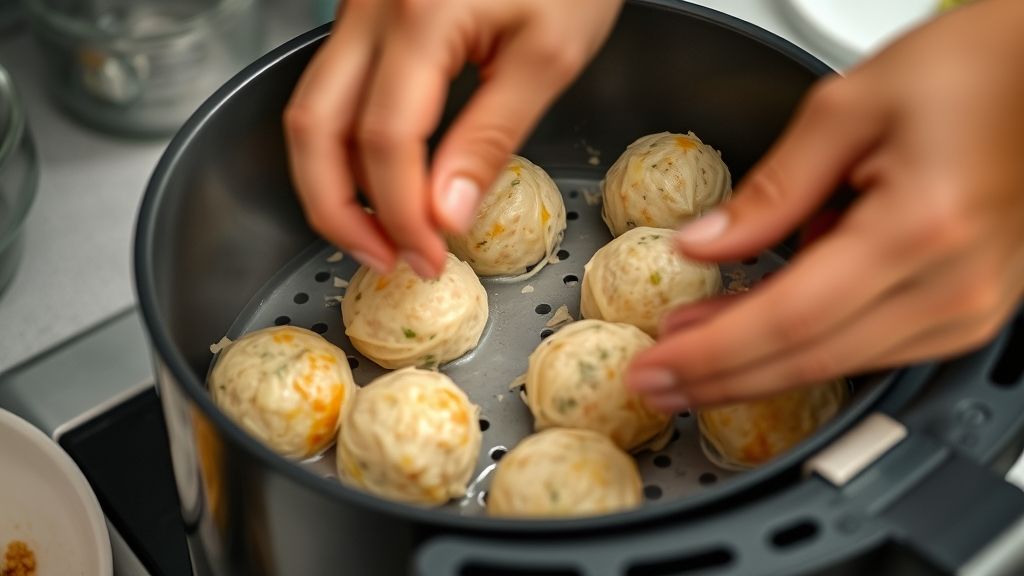 Mãos modelando os bolinhos de tilápia com massa homogênea antes de levar à airfryer