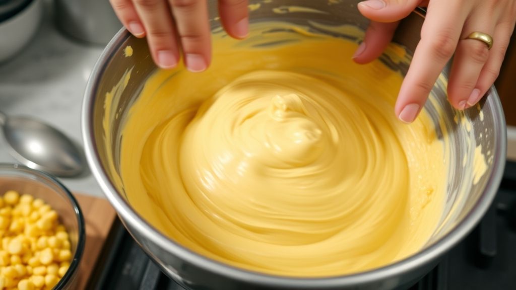Mãos misturando a massa cremosa de milho em uma tigela antes da fritura.