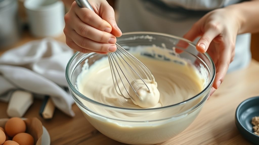 Mãos misturando a massa cremosa do bolo caseiro simples em uma tigela durante o preparo