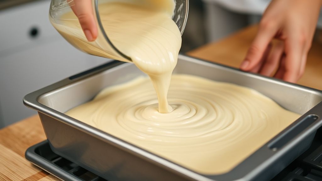 Mãos despejando a massa líquida do bolo cremoso simples em forma untada antes de levar ao forno