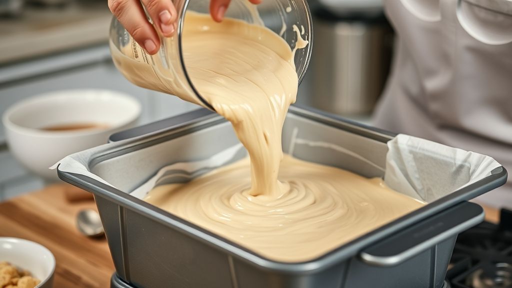 Mãos despejando a massa homogênea no liquidificador e transferindo para a forma antes de levar ao forno