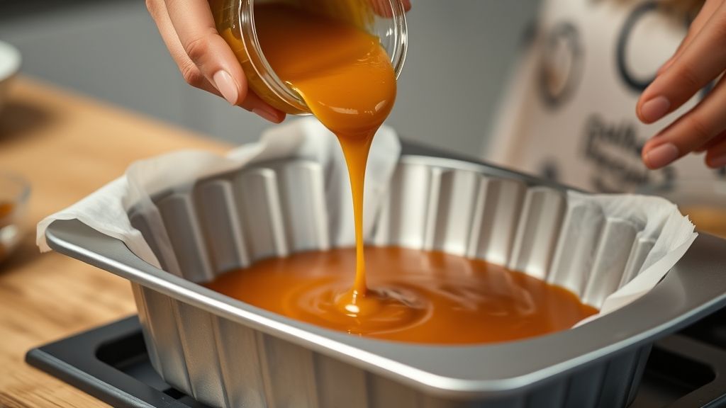 Mãos despejando o caramelo dourado na forma antes de adicionar a massa do bolo