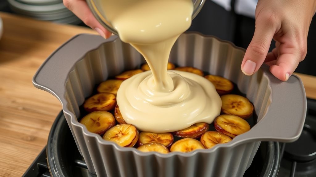 Mãos despejando a massa sobre bananas caramelizadas na forma, antes de levar ao forno