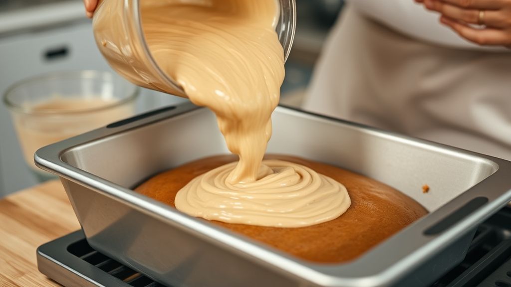 Mãos em ação despejando a massa de bolo de cenoura na forma untada