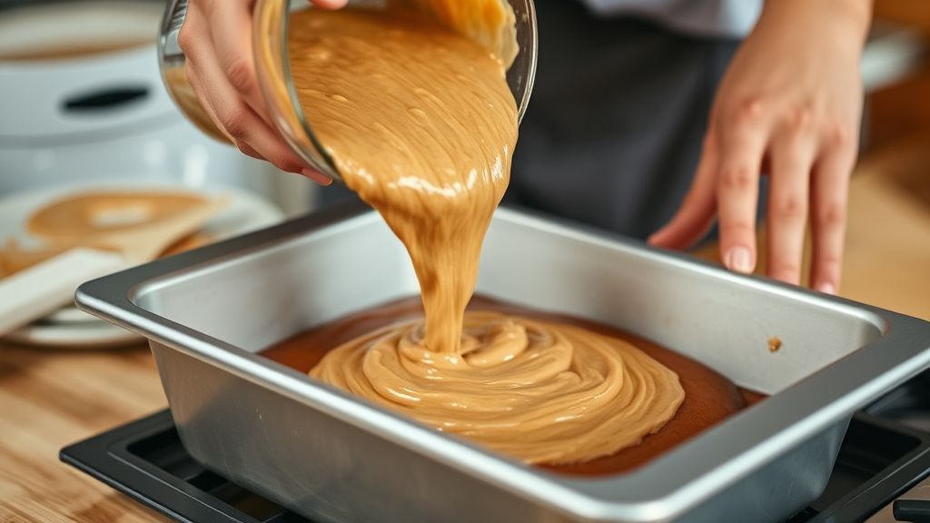 Mãos despejando a massa de bolo de cenoura em uma forma, mostrando o preparo artesanal