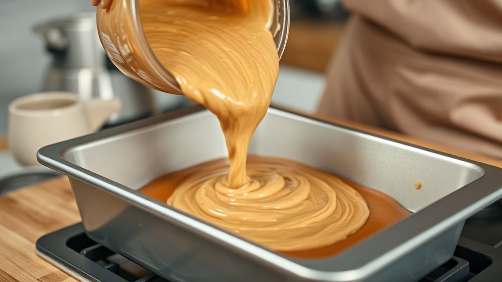 Mãos em ação despejando a massa do bolo de cenoura sem óleo na forma antes de assar