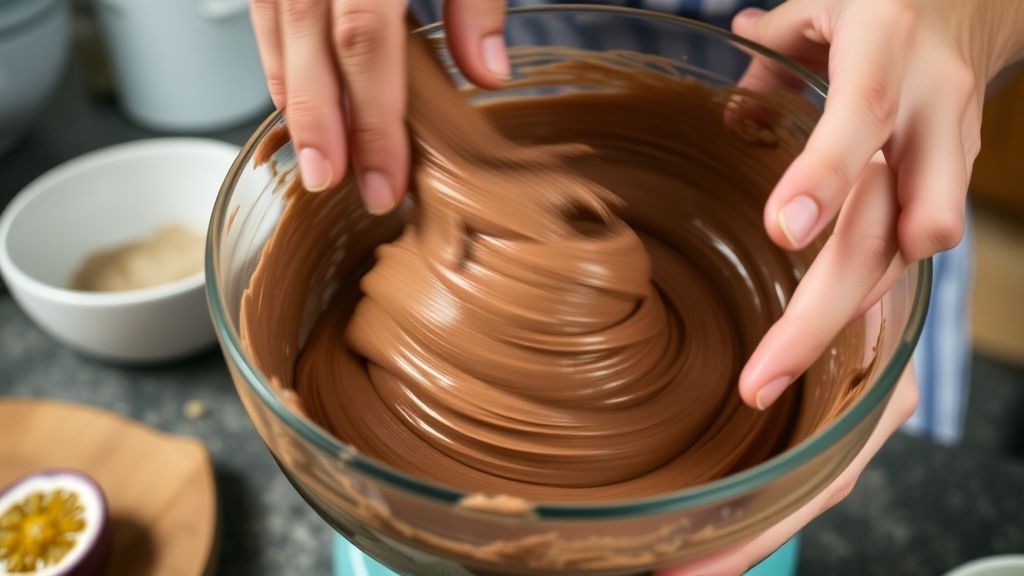 Mãos misturando a massa de chocolate em uma tigela durante o preparo