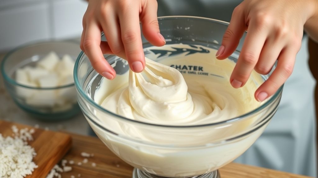 Mãos misturando a massa cremosa do bolo de coco em uma tigela de vidro durante o preparo